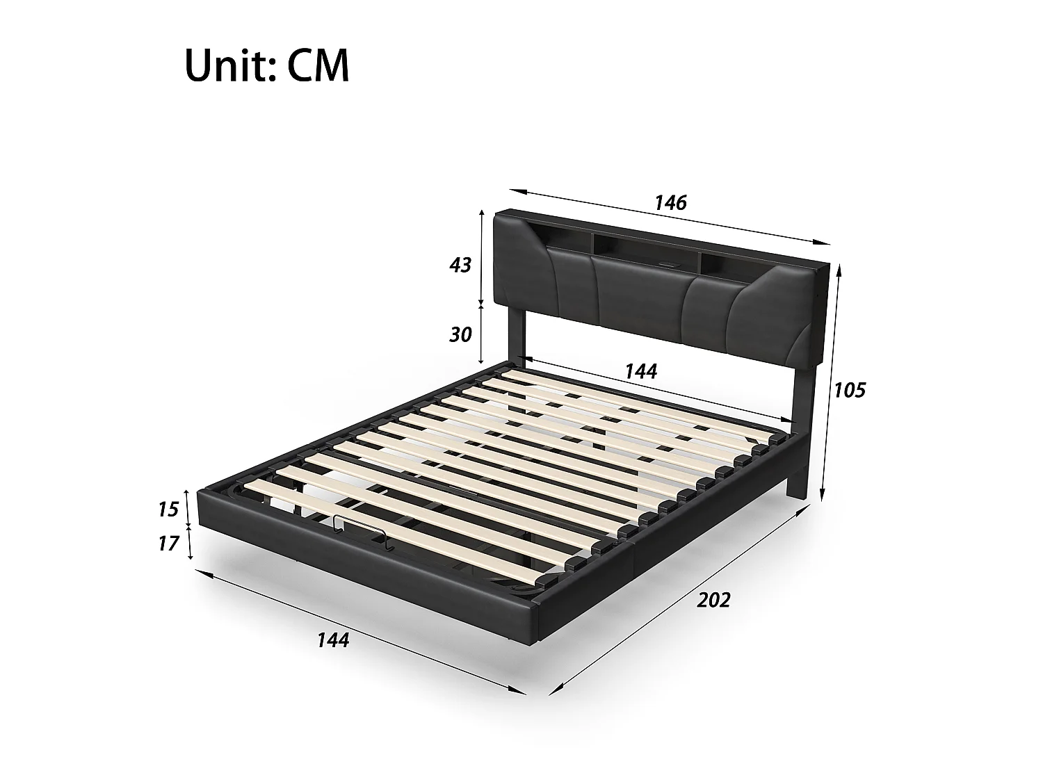 Volwassenenbed 140x200 cm - NEXU - zwevend bed 140x200 cm met LED en USB - tweepersoonsbedframe 140x200 cm met opbergruimte en lattenbodem - PU stof zwart