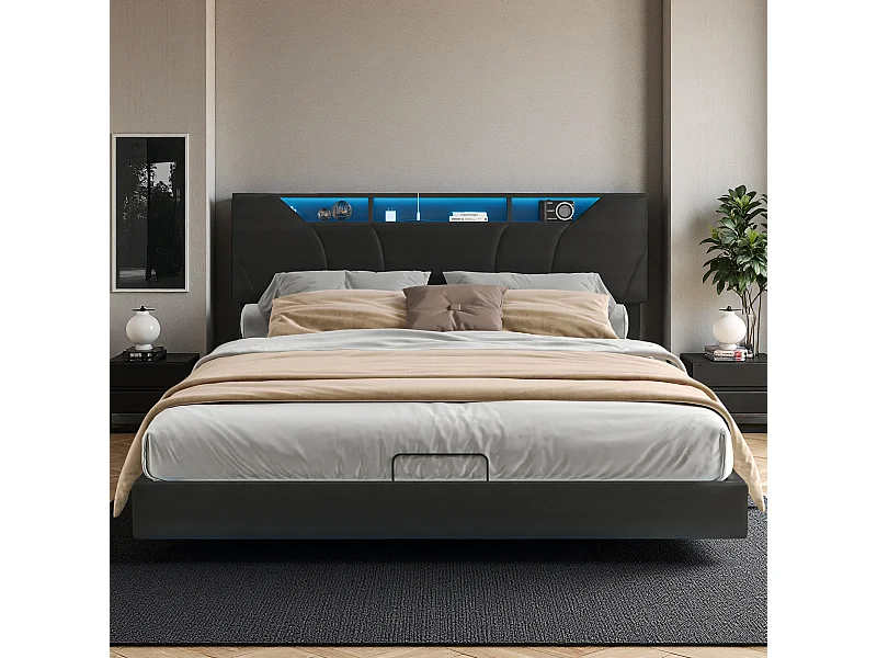 Lit adulte 140x200 cm - NEXU - lit flottant 140x200 cm avec LED et USB - cadre de lit double 140x200 cm avec coffre et sommier à lattes - tissu en PU - noir