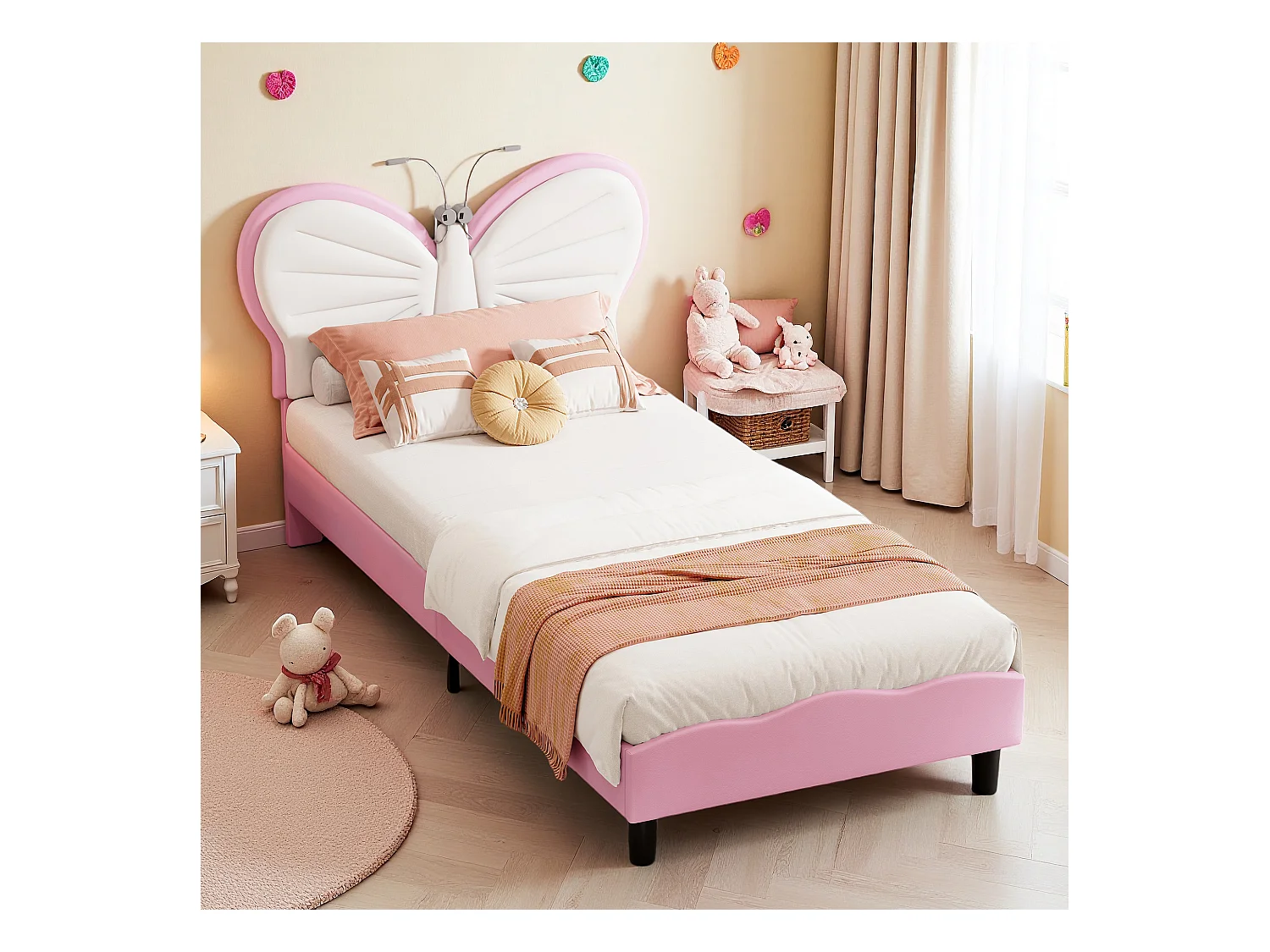 Lit 90x200 cm - NEXU - LED - lit enfant 90x200 cm - tissu en PU - forme papillon - cadre de lit fille 90x200 cm avec sommier à lattes - rose