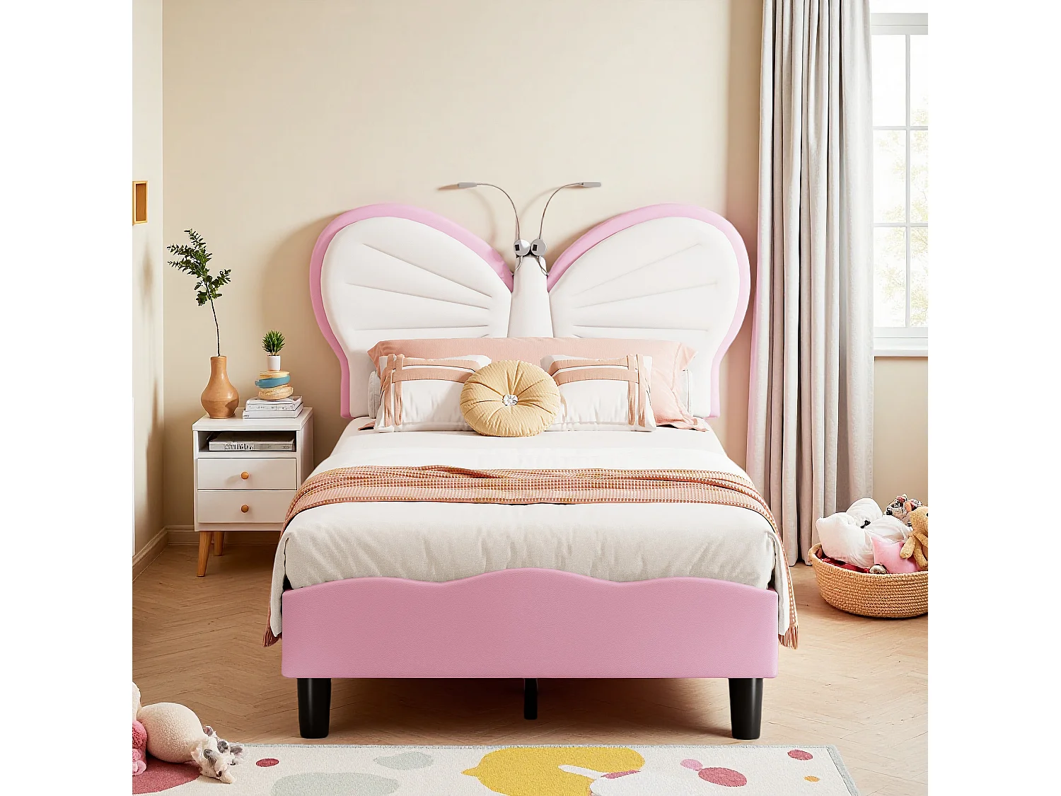 Lit rembourré en enfant 90x200 cm,sommier à lattes de bois, tissu en PU, forme papillon avec LED,cadre de lit fille, rose