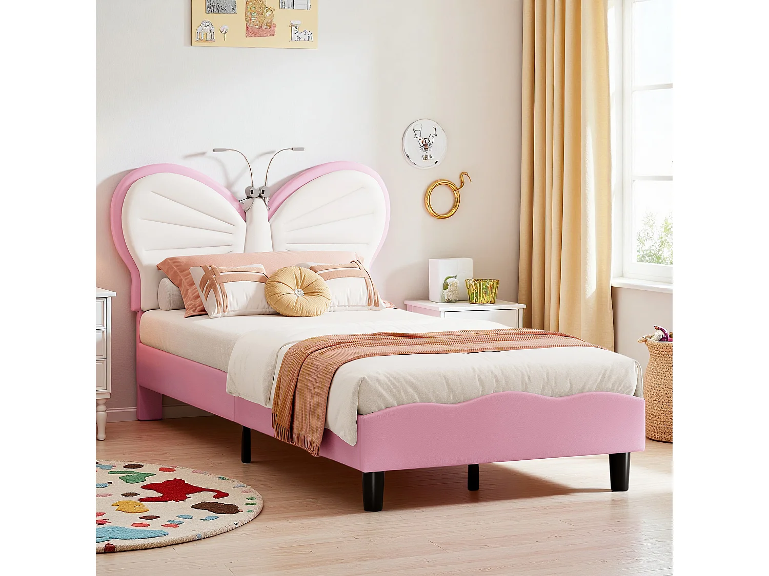 Lit rembourré en enfant 90x200 cm,sommier à lattes de bois, tissu en PU, forme papillon avec LED,cadre de lit fille, rose