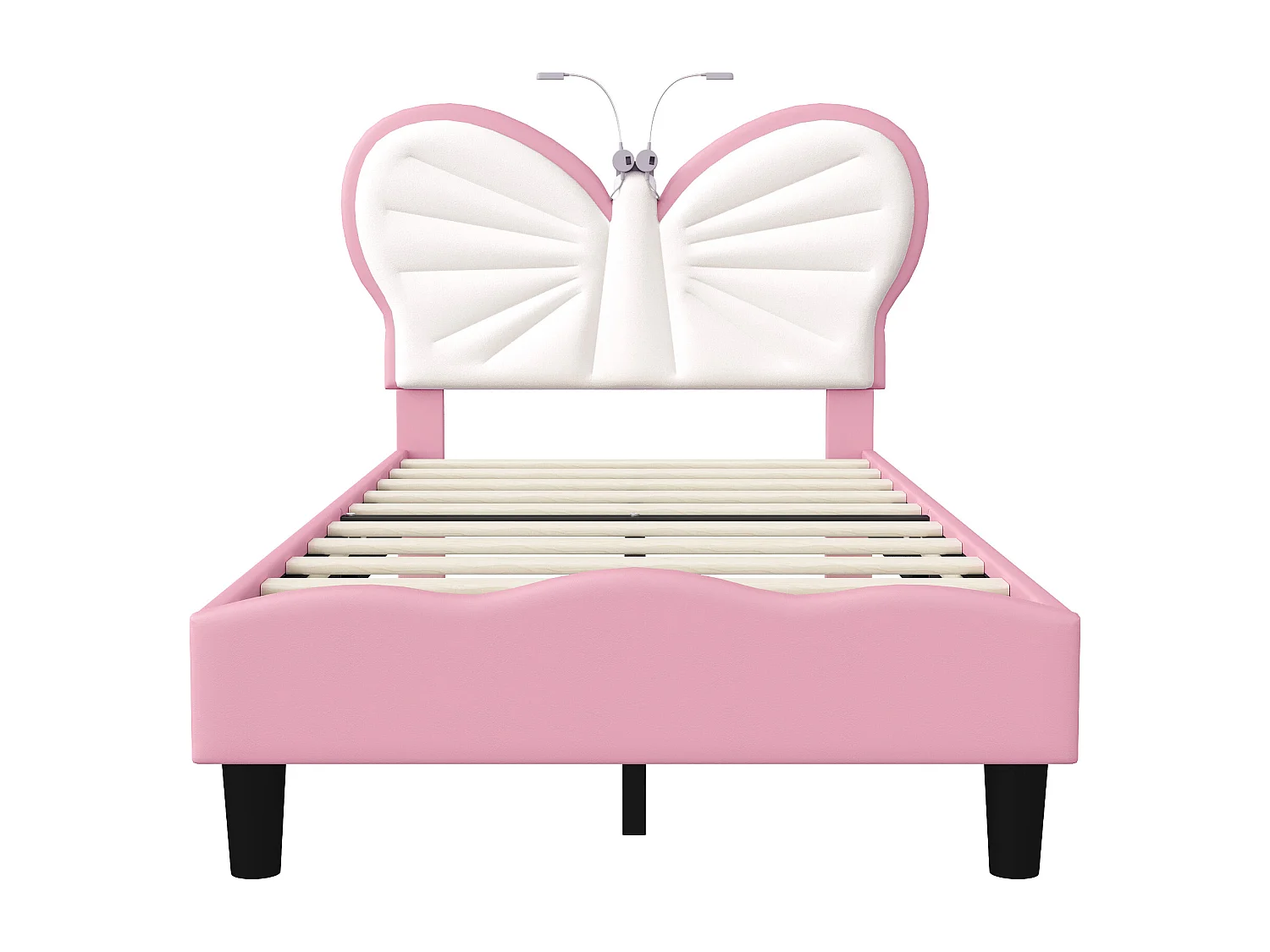 Lit rembourré en enfant 90x200 cm,sommier à lattes de bois, tissu en PU, forme papillon avec LED,cadre de lit fille, rose