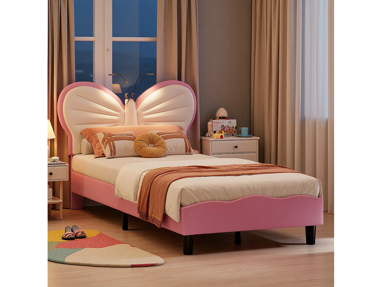 Lit enfant papillon 90 x 200 cm avec sommier à lattes - Tête de lit rembourrée avec LED - Simili cuir rose