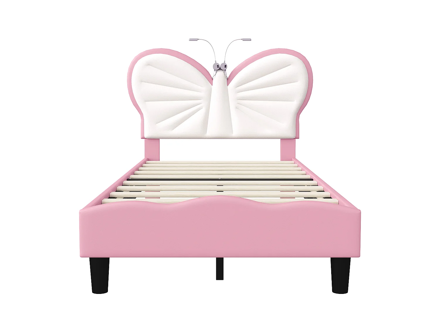 Lit enfant papillon 90 x 200 cm avec sommier à lattes - Tête de lit rembourrée avec LED - Simili cuir rose