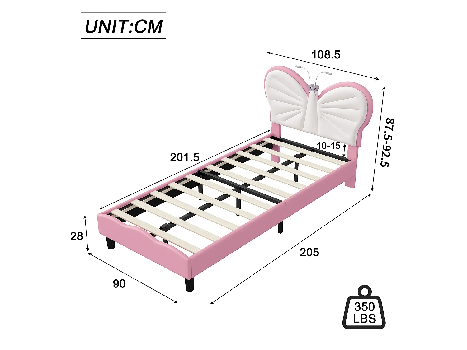 Lit enfant papillon 90 x 200 cm avec sommier à lattes - Tête de lit rembourrée avec LED - Simili cuir rose