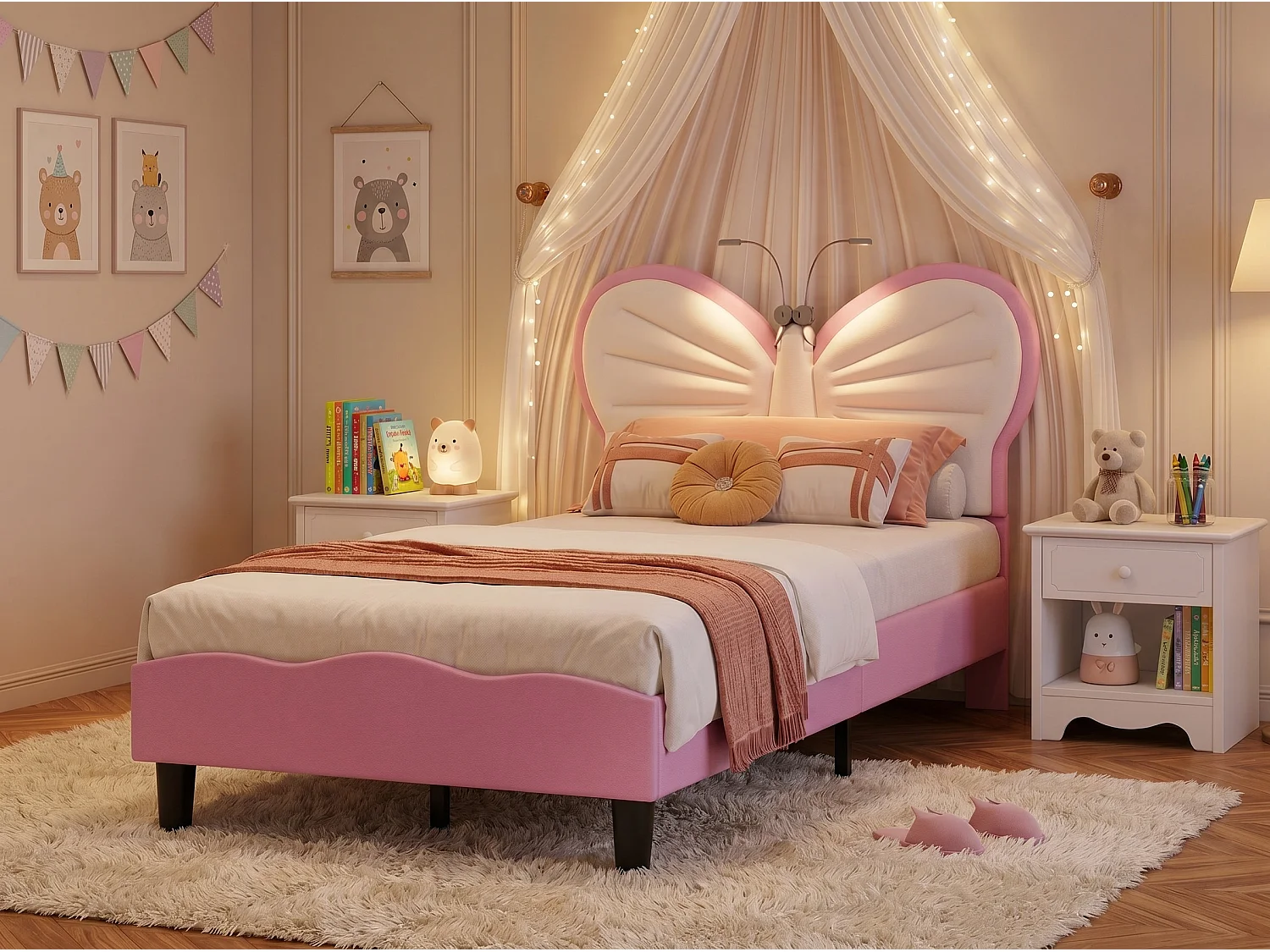 Bed 90x200 cm - NEXU - LED - Kinderbed 90x200 cm - PU-stof - Vlindervorm - Meisjesbedframe 90x200 cm met lattenbodem - Roze