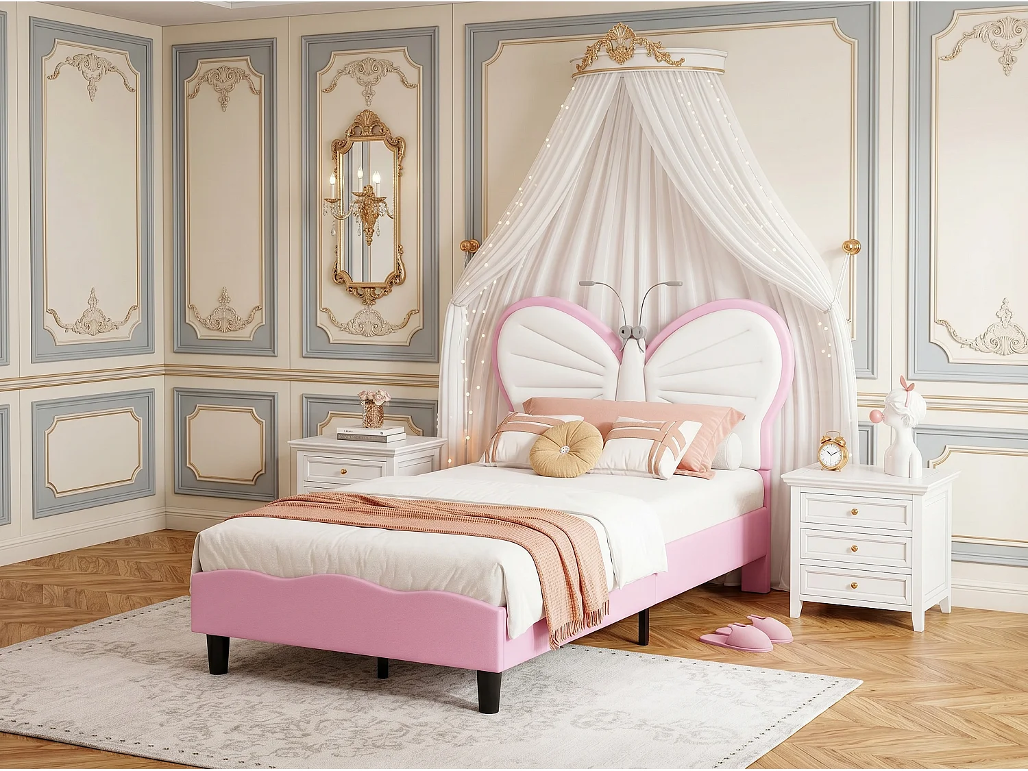 Bed 90x200 cm - NEXU - LED - Kinderbed 90x200 cm - PU-stof - Vlindervorm - Meisjesbedframe 90x200 cm met lattenbodem - Roze