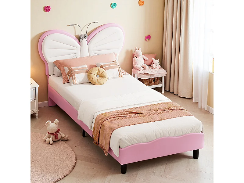 Lit rembourré en enfant 90x200 cm,sommier à lattes de bois, tissu en PU, forme papillon avec LED,cadre de lit fille, rose