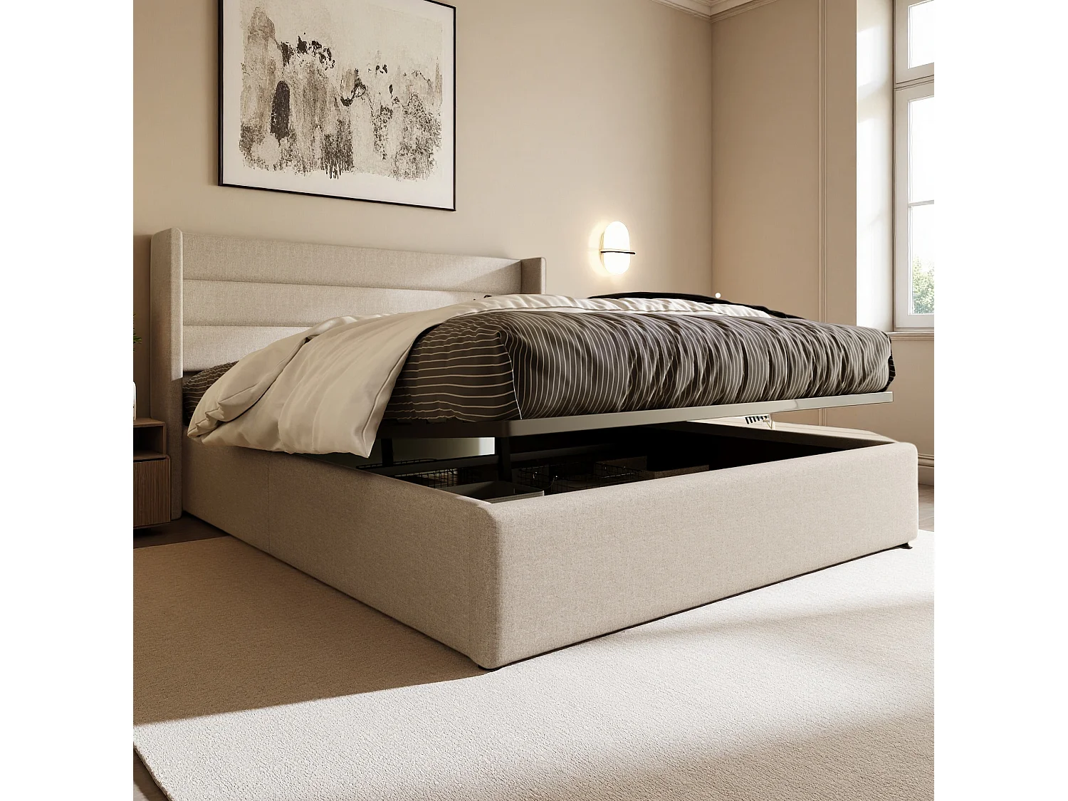 Lit 160x200 cm avec hydraulique - cadre de lit coffre 160x200 cm avec sommier à lattes - style simple - tissu en lin - beige