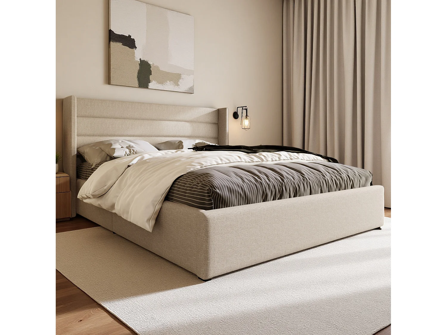 Lit 160x200 cm avec hydraulique - cadre de lit coffre 160x200 cm avec sommier à lattes - style simple - tissu en lin - beige