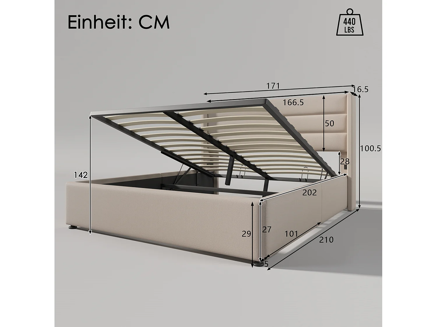 Lit 160x200 cm avec hydraulique - cadre de lit coffre 160x200 cm avec sommier à lattes - style simple - tissu en lin - beige