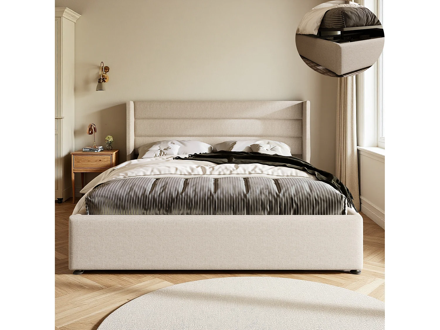 Lit 160x200 cm avec hydraulique - cadre de lit coffre 160x200 cm avec sommier à lattes - style simple - tissu en lin - beige