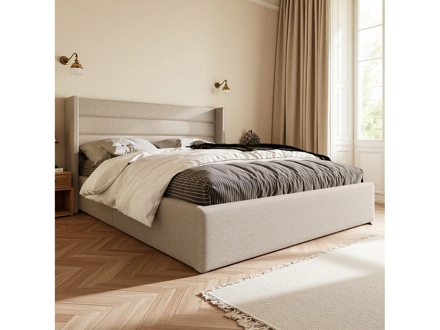 Lit 160x200 cm avec hydraulique - cadre de lit coffre 160x200 cm avec sommier à lattes - style simple - tissu en lin - beige