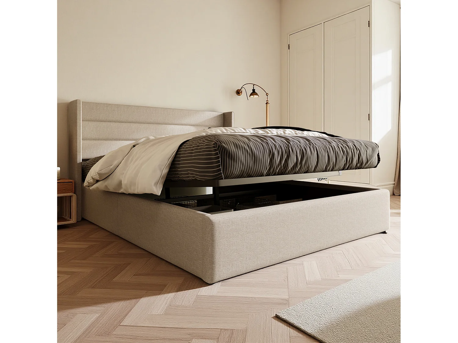 Lit 160x200 cm avec hydraulique - cadre de lit coffre 160x200 cm avec sommier à lattes - style simple - tissu en lin - beige