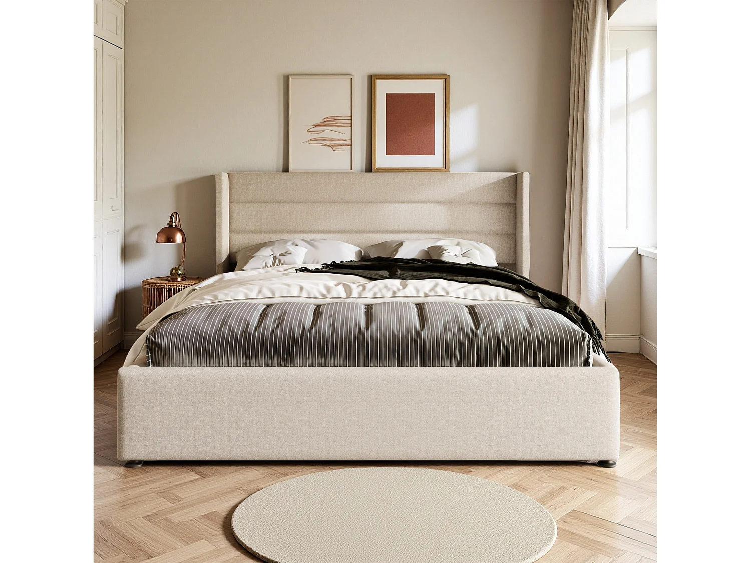 Lit 160x200 cm avec hydraulique - cadre de lit coffre 160x200 cm avec sommier à lattes - style simple - tissu en lin - beige