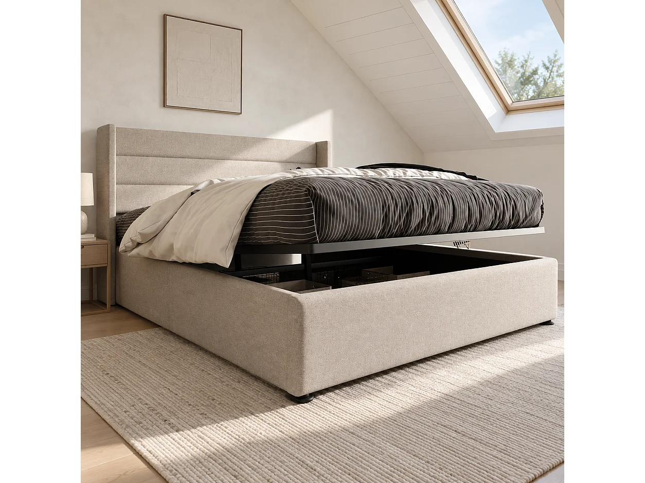 Lit 160x200 cm avec hydraulique - cadre de lit coffre 160x200 cm avec sommier à lattes - style simple - tissu en lin - beige