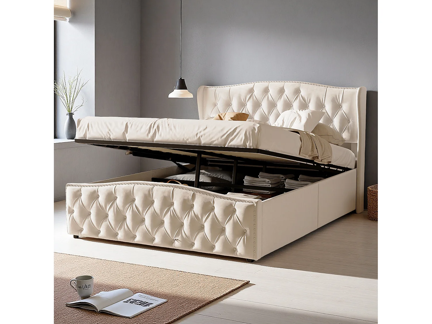 Lit 140x200 cm avec sommier à lattes - NEXU - lit double 140x200 cm avec coffre de lit - cadre de lit adulte 140x200 cm - tissu en Velours - blanc cassé