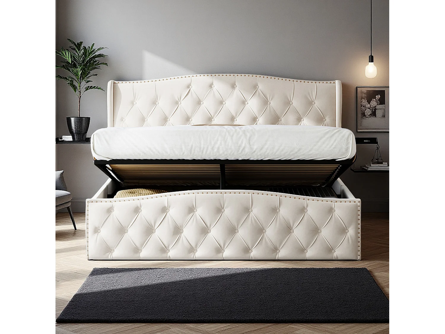 Lit 140x200 cm avec sommier à lattes - NEXU - lit double 140x200 cm avec coffre de lit - cadre de lit adulte 140x200 cm - tissu en Velours - blanc cassé