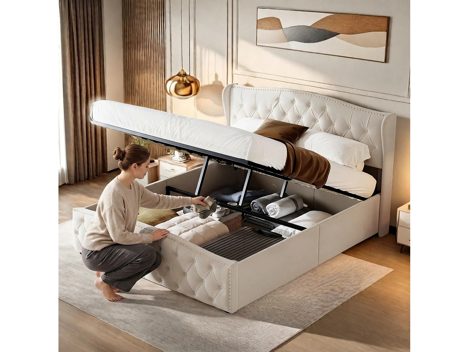 Bed 140x200 cm met lattenbodem - NEXU - tweepersoonsbed 140x200 cm met opbergvak - bedframe voor volwassenen 140x200 cm - fluwelen stof - gebroken wit