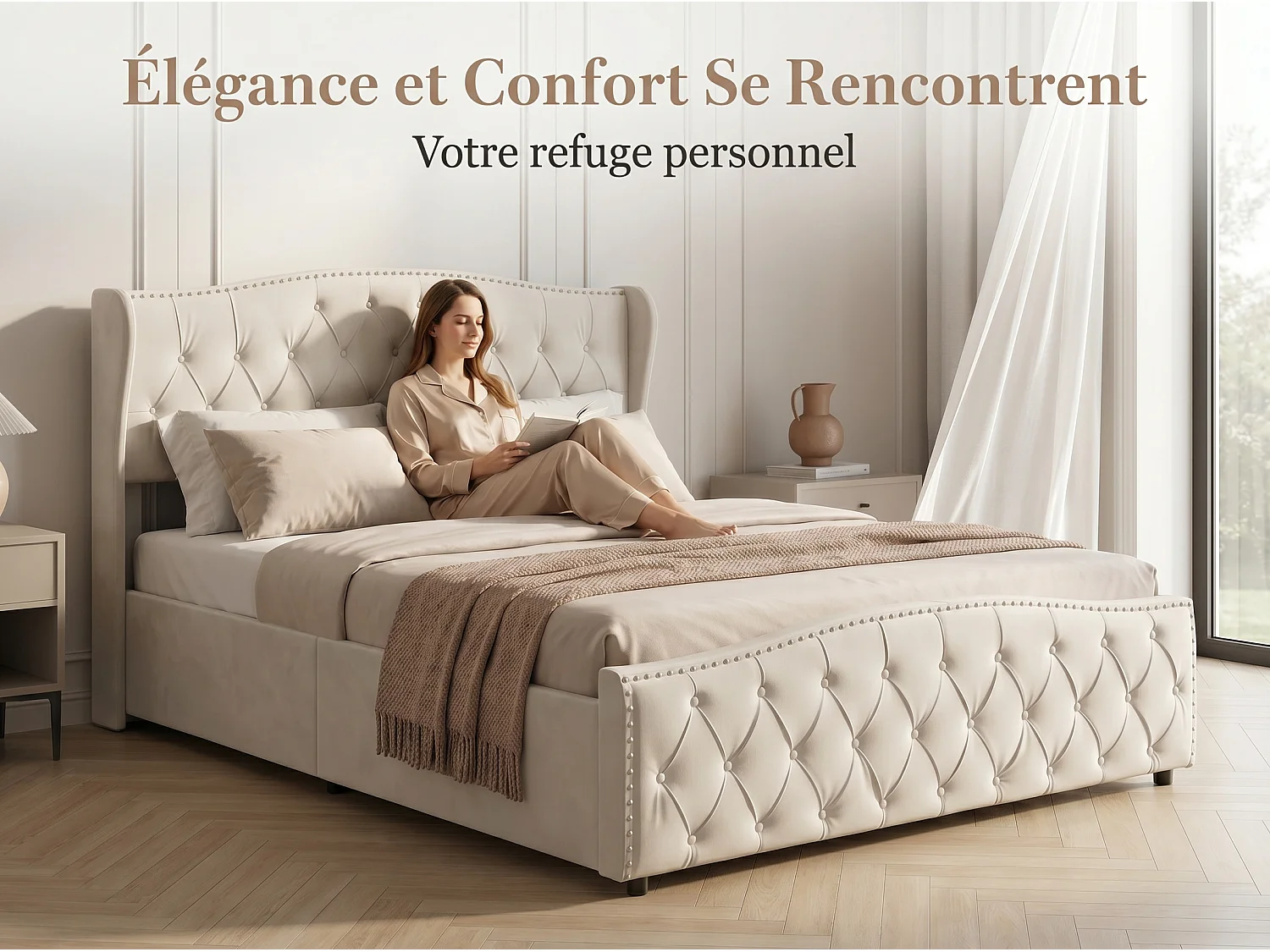 Bed 140x200 cm met lattenbodem - NEXU - tweepersoonsbed 140x200 cm met opbergvak - bedframe voor volwassenen 140x200 cm - fluwelen stof - gebroken wit