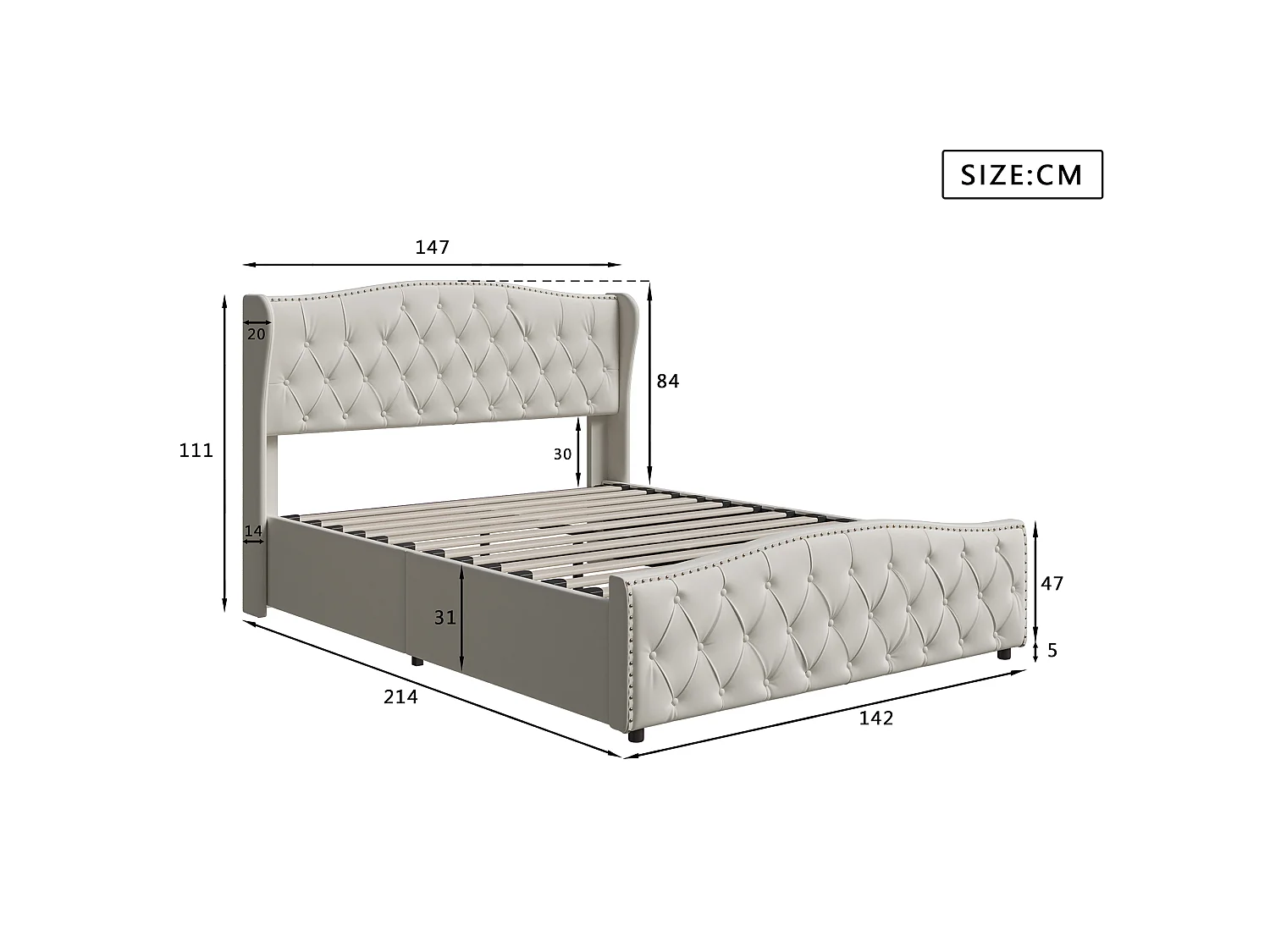 Bed 140x200 cm met lattenbodem - NEXU - tweepersoonsbed 140x200 cm met opbergvak - bedframe voor volwassenen 140x200 cm - fluwelen stof - gebroken wit