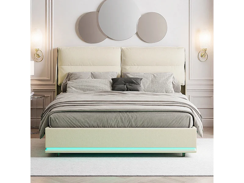 Lit 140x200 cm avec sommier à lattes - NEXU - LED - Chargement sans fil - lit adulte 140x200 cm tissu en Velours - cadre de lit coffre 140x200 cm - blanc cassé