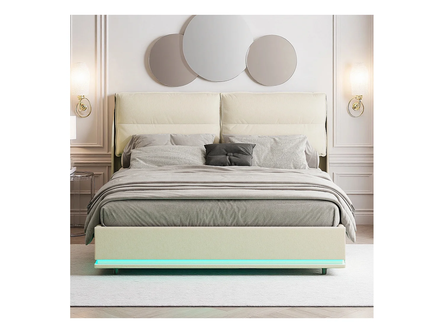 Lit 140x200 cm avec sommier à lattes - NEXU - LED - Chargement sans fil - lit adulte 140x200 cm tissu en Velours - cadre de lit coffre 140x200 cm - blanc cassé