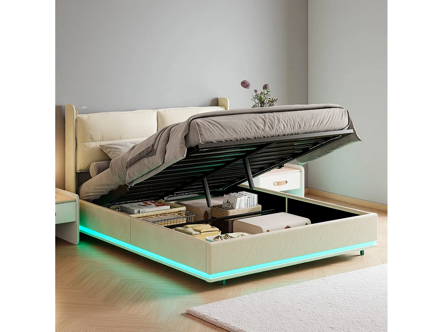 Lit coffre 140x200 cm avec Chargement sans fil - NEXU - lit adulte 140x200 cm sommier à lattes avec LED - tissu en Velours - blanc cassé