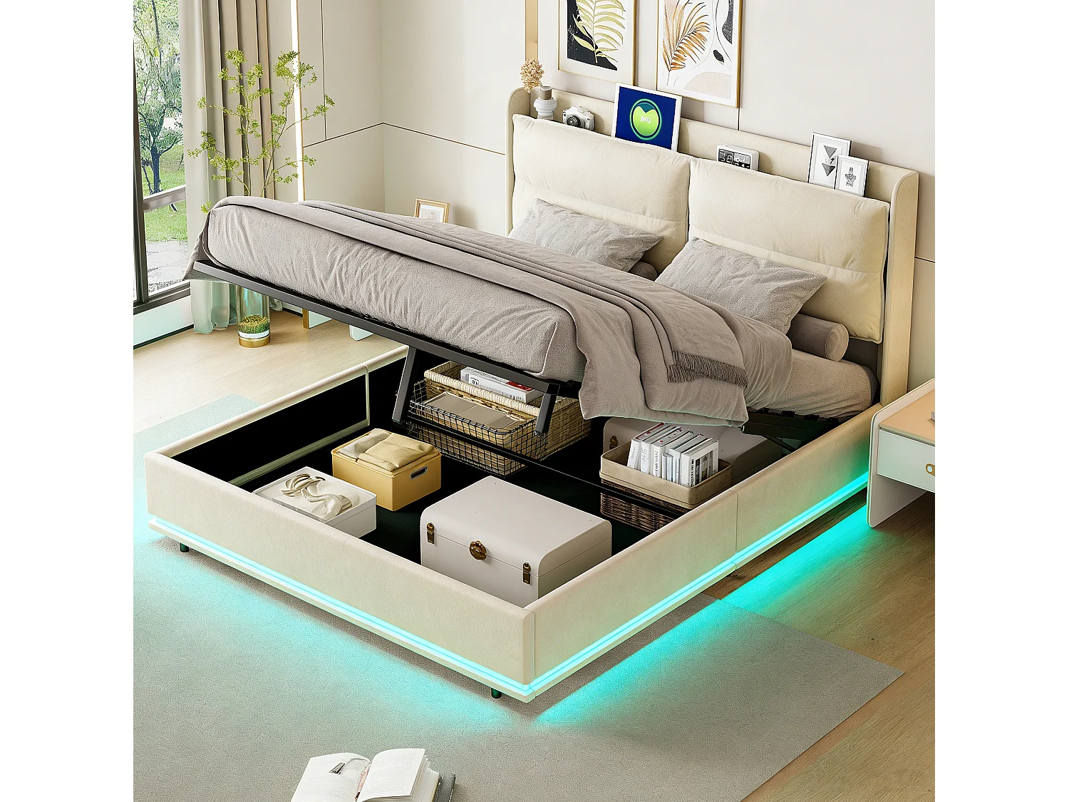 Lit coffre 140x200 cm avec Chargement sans fil - NEXU - lit adulte 140x200 cm sommier à lattes avec LED - tissu en Velours - blanc cassé