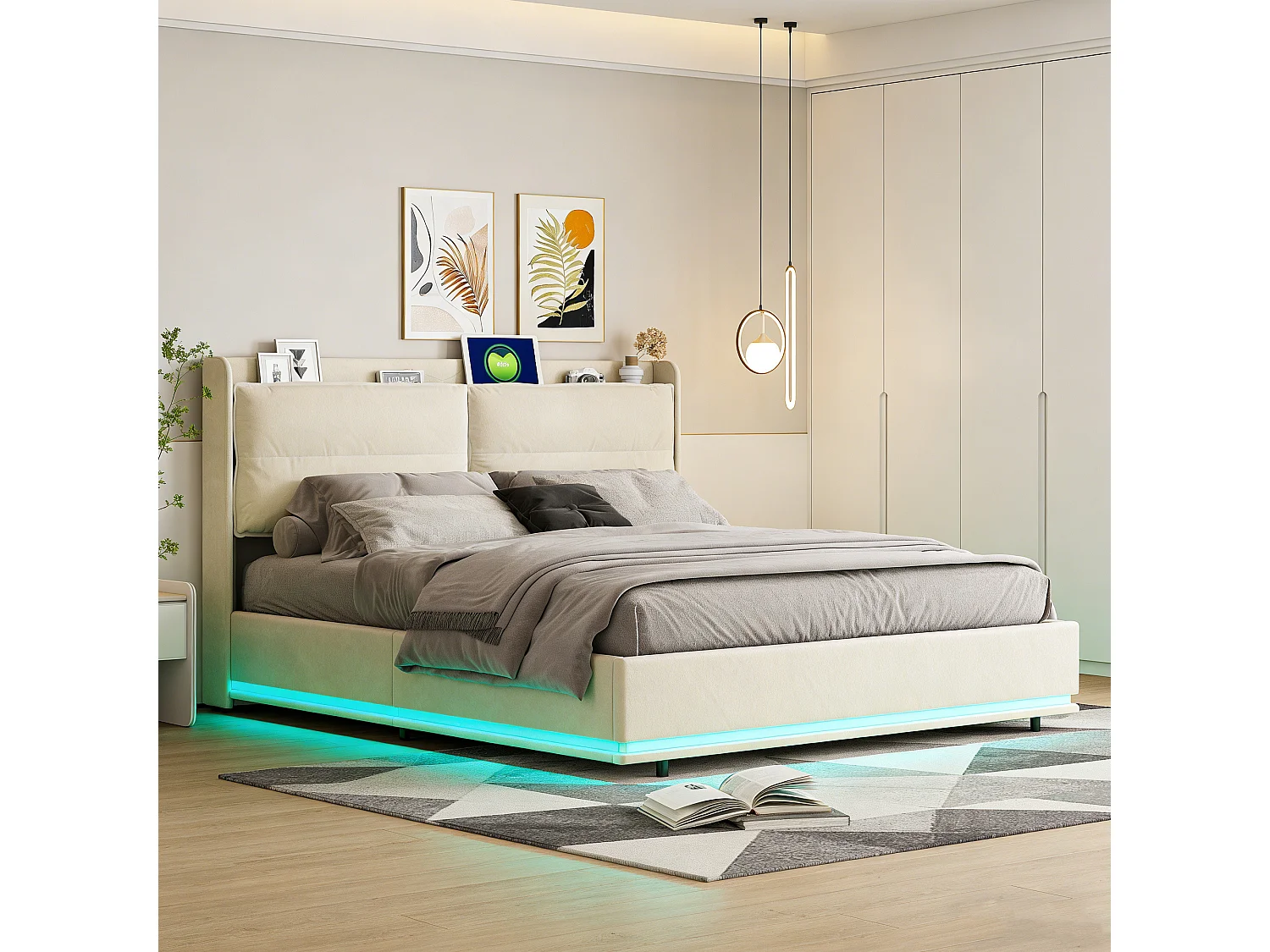 Lit coffre 140x200 cm avec Chargement sans fil - NEXU - lit adulte 140x200 cm sommier à lattes avec LED - tissu en Velours - blanc cassé