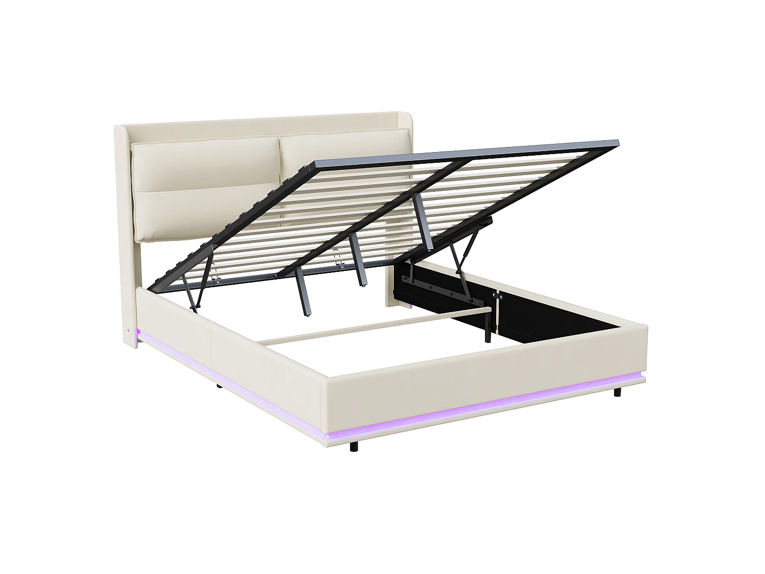 Lit coffre NEXU 140 x 200 cm avec sommier à lattes - Recharge sans fil et LED - Velours blanc cassé