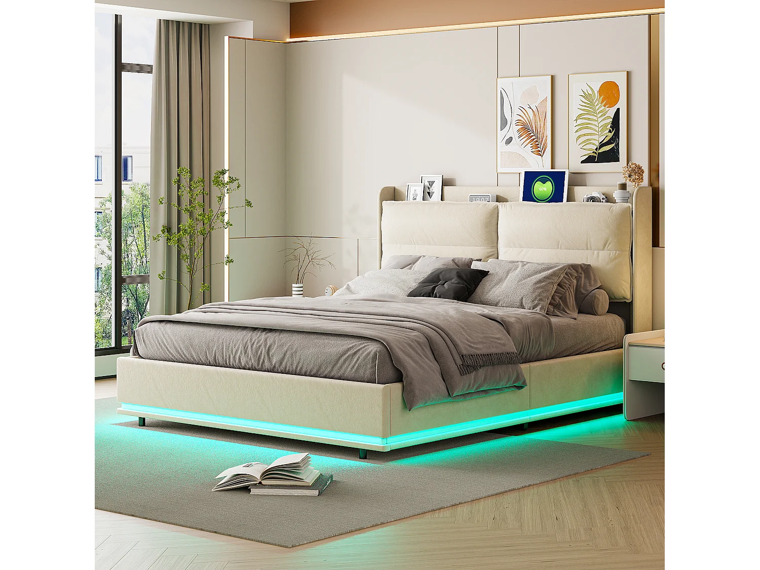 Lit Double Coffre 140x200 cm -  Tête de Lit Rembourrée en Tissu Bouclé  LED - Prises USB et Type-C Intégrées - Sommier à Lattes -  Beige