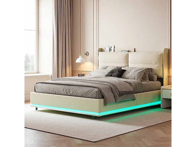 Lit coffre 140x200 cm avec Chargement sans fil - NEXU - lit adulte 140x200 cm sommier à lattes avec LED - tissu en Velours - blanc cassé