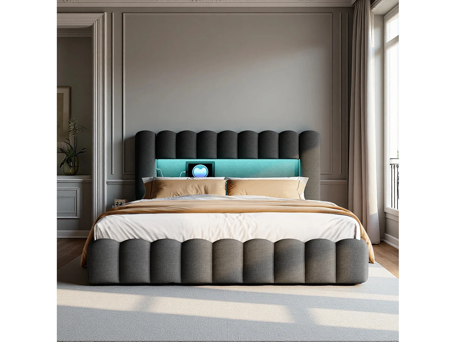Lit adulte 140x200 cm - NEXU - LED - USB - lit adulte 140x200 cm avec sommier à lattes  - cadre de lit coffre 140x200 cm - tissu en Lin - gris