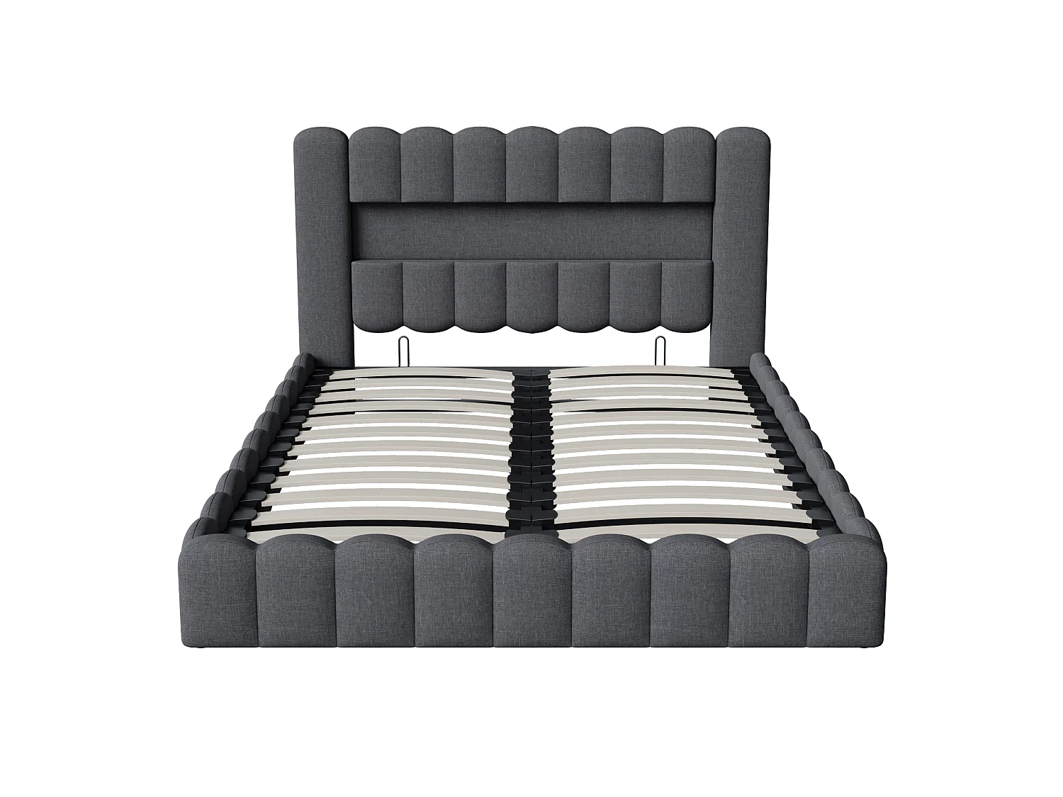 Lit coffre adulte 140x200 cm avec sommier à lattes, LED et USB, cadre de lit en lin gris