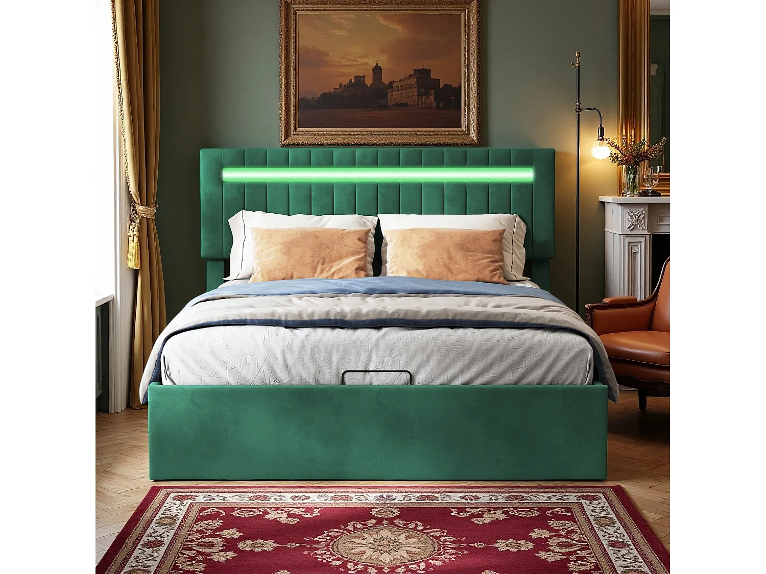 Lit 160x200 cm avec sommier à lattes - NEXU - LED - lit double 160x200 cm - cadre de lit coffre 160x200 cm - tissu en Velours - vert
