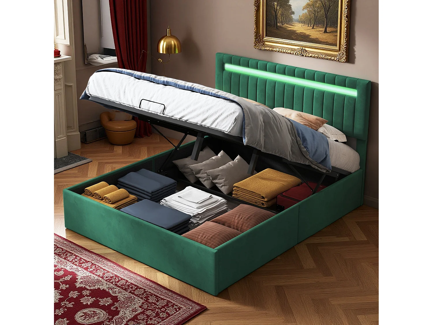 Lit 160x200 cm avec sommier à lattes - NEXU - LED - lit double 160x200 cm - cadre de lit coffre 160x200 cm - tissu en Velours - vert