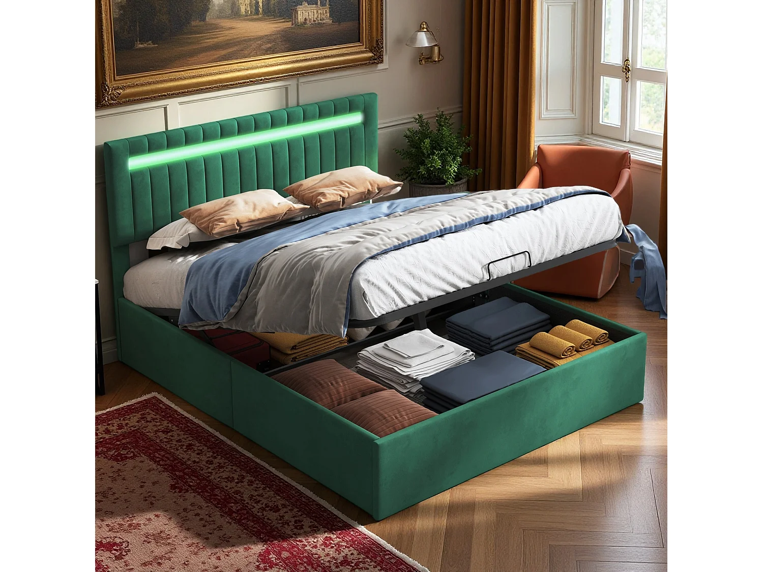 Lit 160x200 cm avec sommier à lattes - NEXU - LED - lit double 160x200 cm - cadre de lit coffre 160x200 cm - tissu en Velours - vert