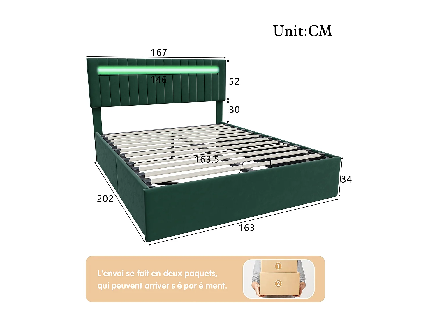 Lit 160x200 cm avec sommier à lattes - NEXU - LED - lit double 160x200 cm - cadre de lit coffre 160x200 cm - tissu en Velours - vert