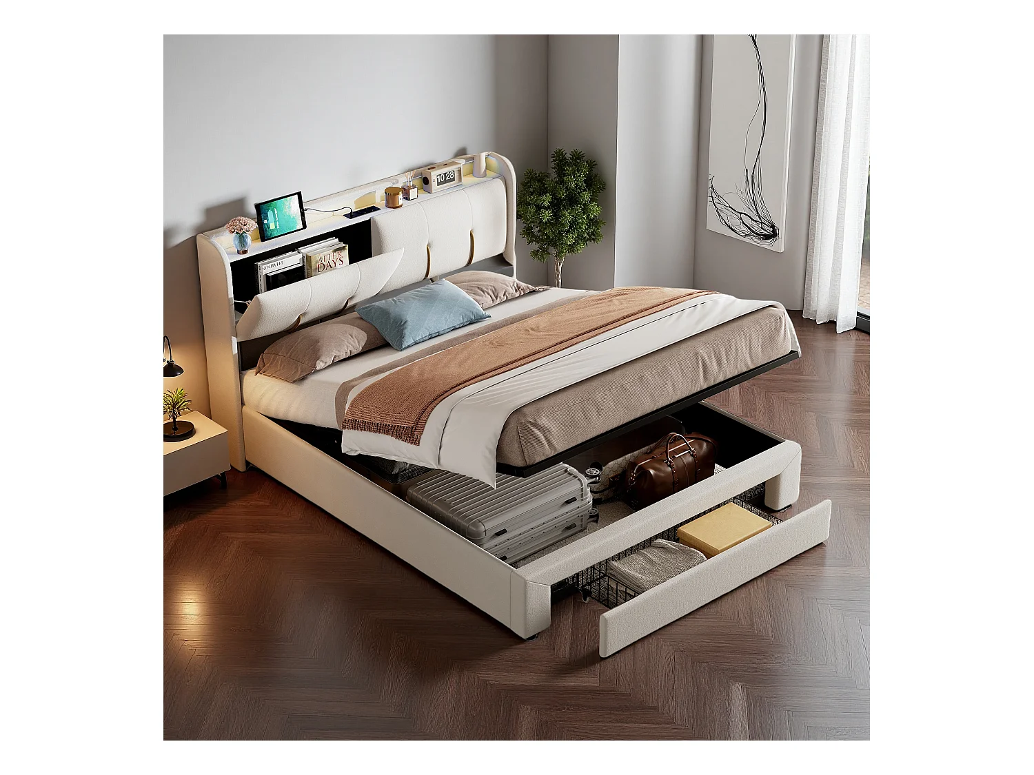 Lit 140x200 cm avec sommier à lattes - NEXU - lit coffre 140x200 cm avec tiroirs - cadre de lit adulte 140x200 cm avec USB et LED - tissu en velours - blanc cassé