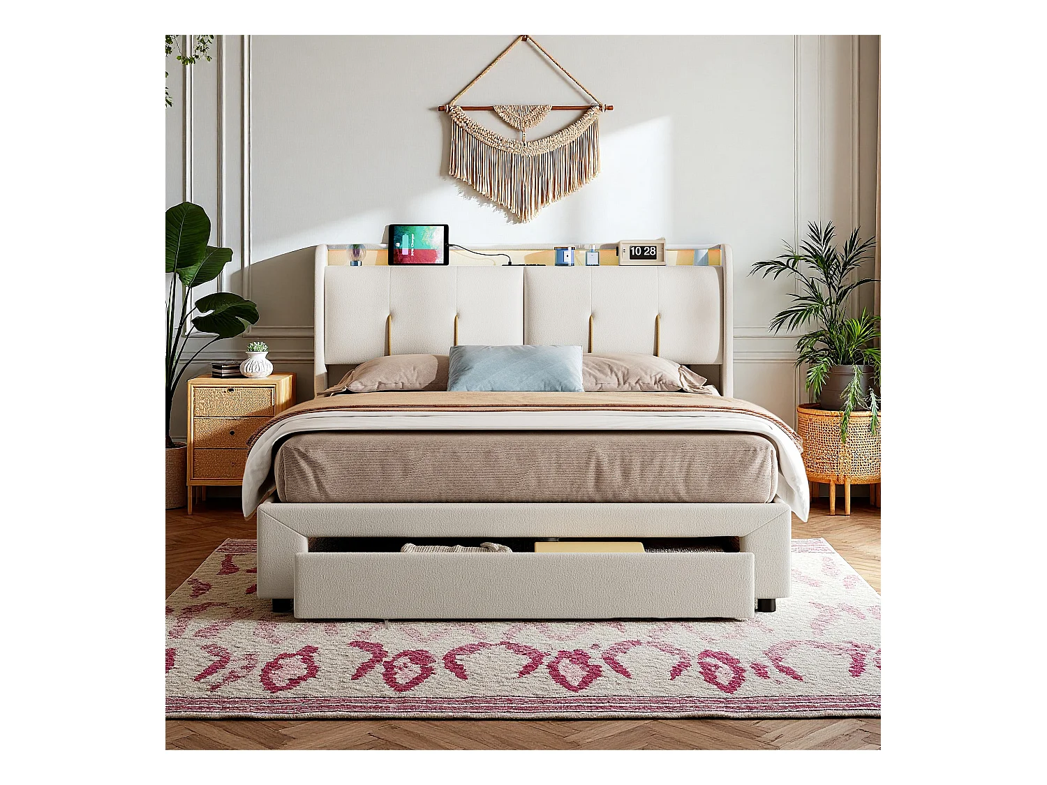 Lit 140x200 cm avec sommier à lattes - NEXU - lit coffre 140x200 cm avec tiroirs - cadre de lit adulte 140x200 cm avec USB et LED - tissu en velours - blanc cassé