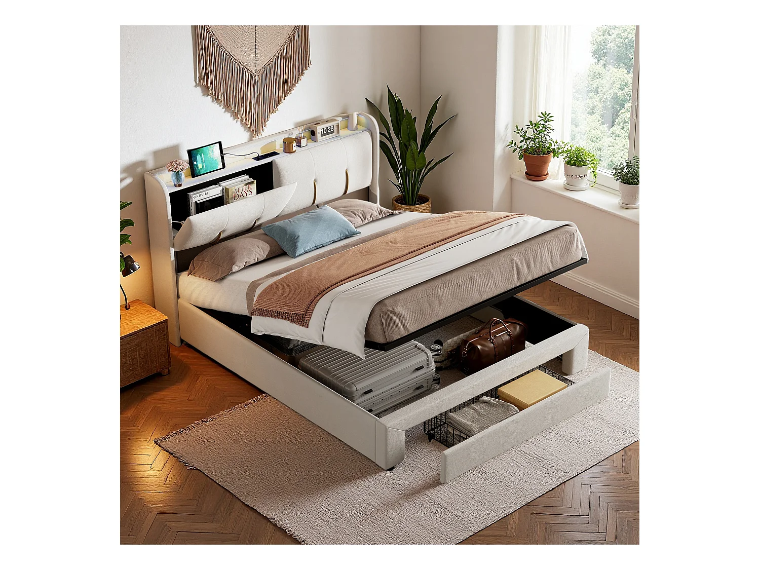 Lit 140x200 cm avec sommier à lattes - NEXU - lit coffre 140x200 cm avec tiroirs - cadre de lit adulte 140x200 cm avec USB et LED - tissu en velours - blanc cassé
