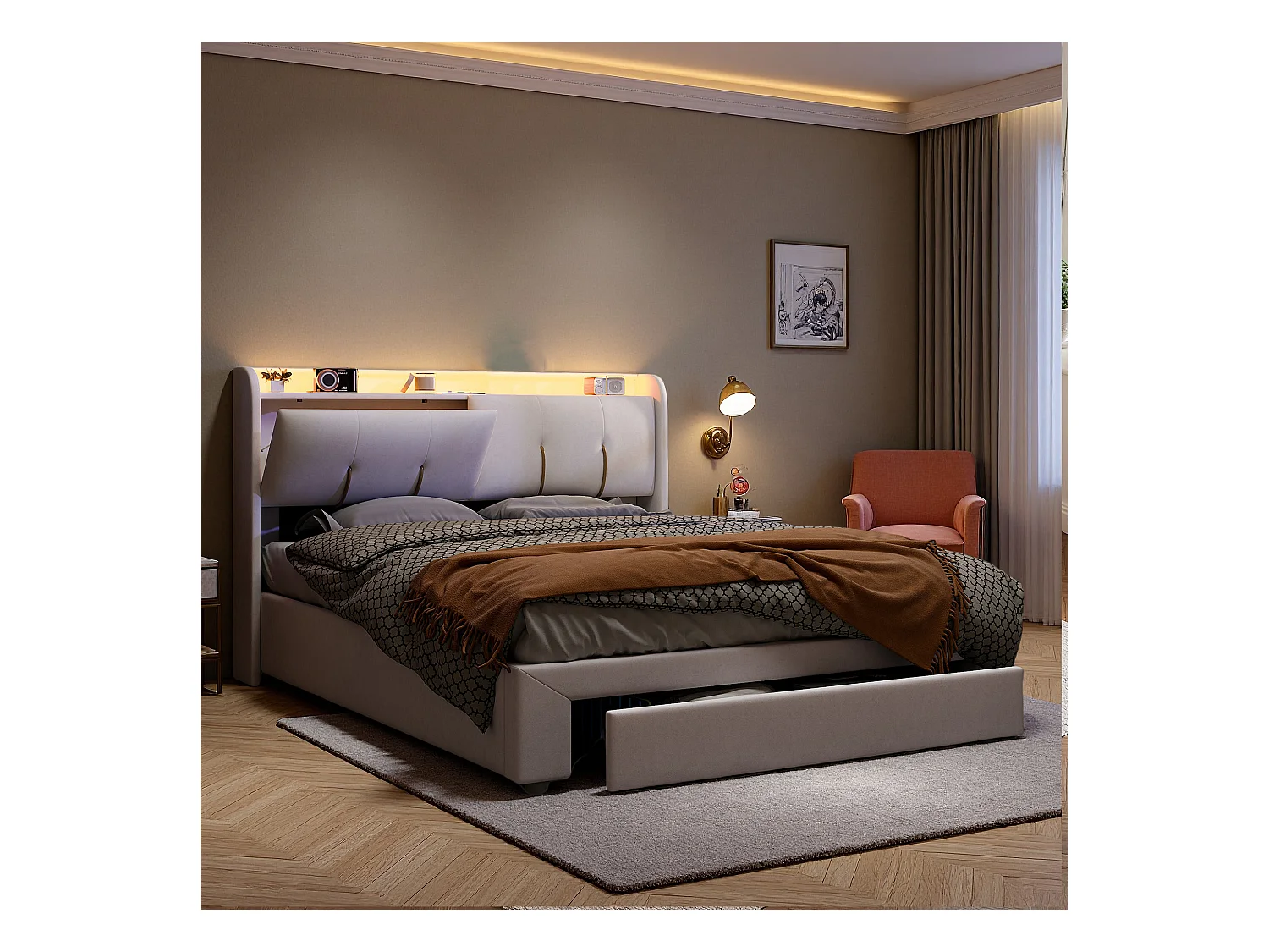 Lit 140x200 cm avec sommier à lattes - NEXU - lit coffre 140x200 cm avec tiroirs - cadre de lit adulte 140x200 cm avec USB et LED - tissu en velours - blanc cassé