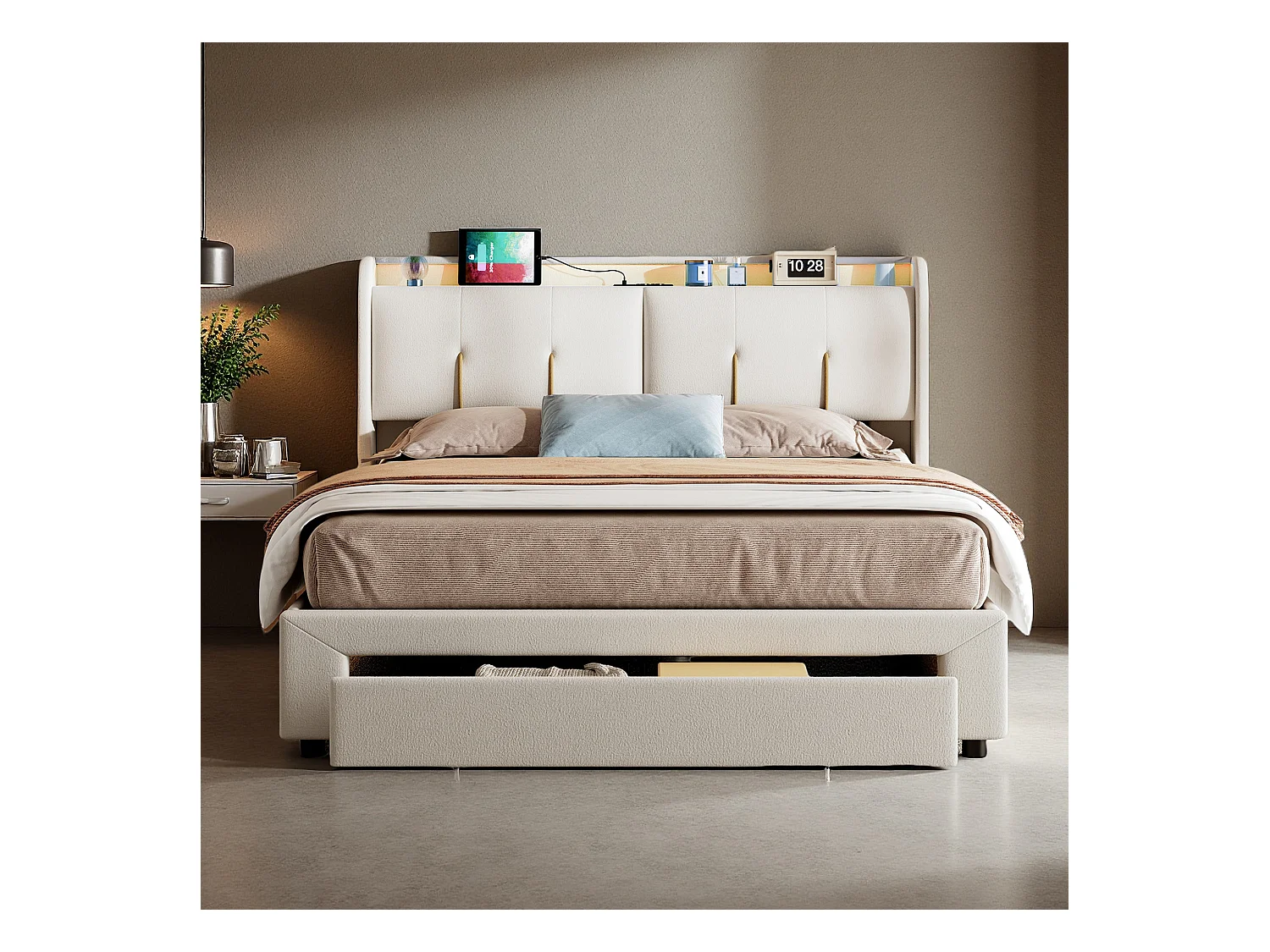 Lit 160x200 cm - NEXU - lit coffre 160x200 cm avec tiroirs - cadre de lit adulte 160x200 cm avec USB et LED - tissu en velours - blanc cassé