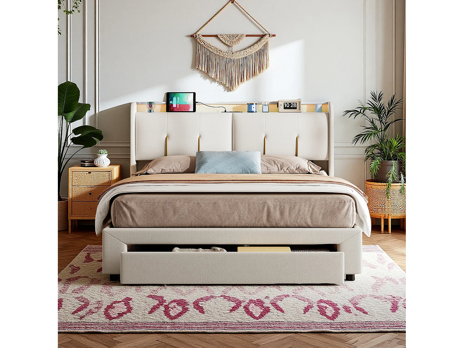 Lit 140x200 cm avec sommier à lattes - NEXU - lit coffre 140x200 cm avec tiroirs - cadre de lit adulte 140x200 cm avec USB et LED - tissu en velours - blanc cassé