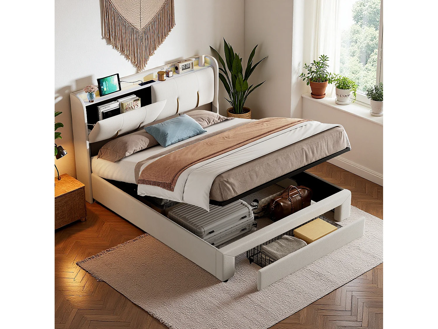 Lit 140x200 cm avec sommier à lattes - NEXU - lit coffre 140x200 cm avec tiroirs - cadre de lit adulte 140x200 cm avec USB et LED - tissu en velours - blanc cassé