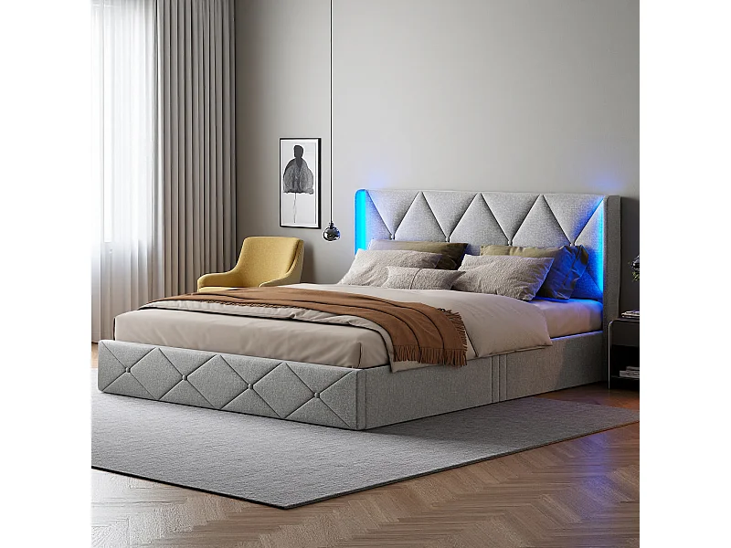 Lit 140x200 cm - NEXU - lit coffre 140x200 cm avec LED - cadre de lit double 140x200 cm avec sommier à lattes - tissu en velours - gris