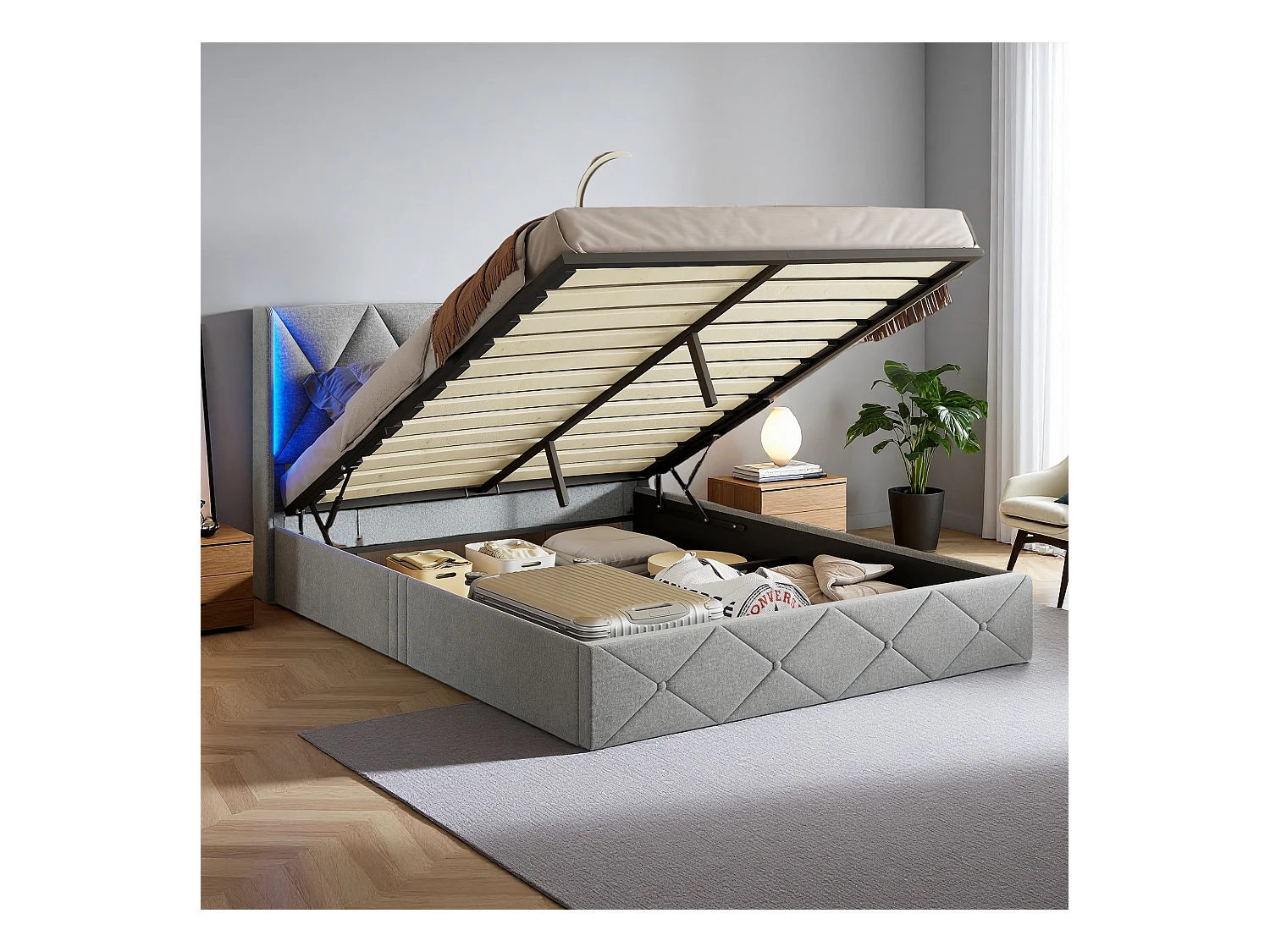 Lit 140x200 cm - NEXU - lit coffre 140x200 cm avec LED - cadre de lit double 140x200 cm avec sommier à lattes - tissu en velours - gris