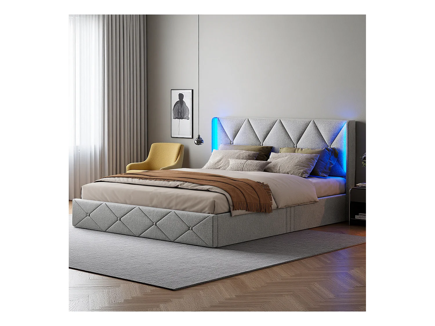 Lit 140x200 cm - NEXU - lit coffre 140x200 cm avec LED - cadre de lit double 140x200 cm avec sommier à lattes - tissu en velours - gris