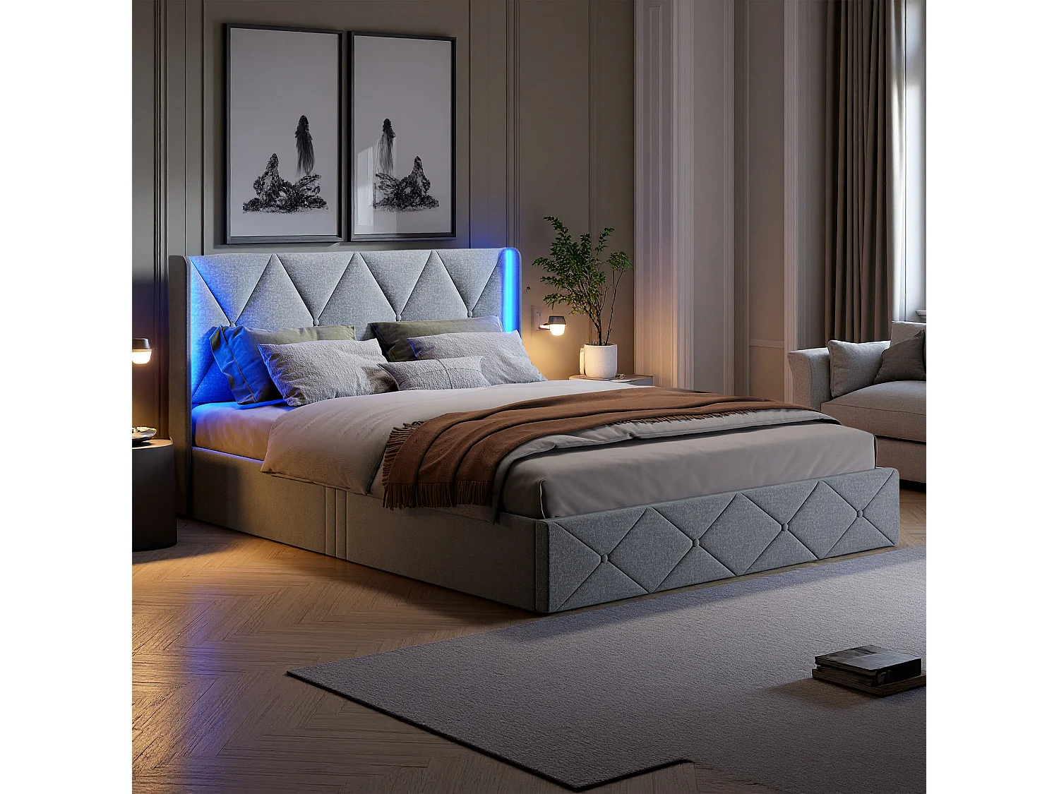 Lit 140x200 cm - NEXU - lit coffre 140x200 cm avec LED - cadre de lit double 140x200 cm avec sommier à lattes - tissu en velours - gris